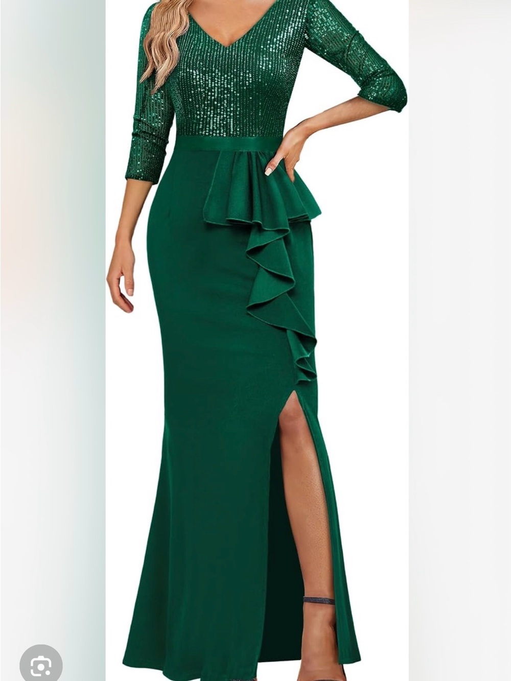 Sequined V-Neck Emerald Maxi Dress with Peplum Ruffle